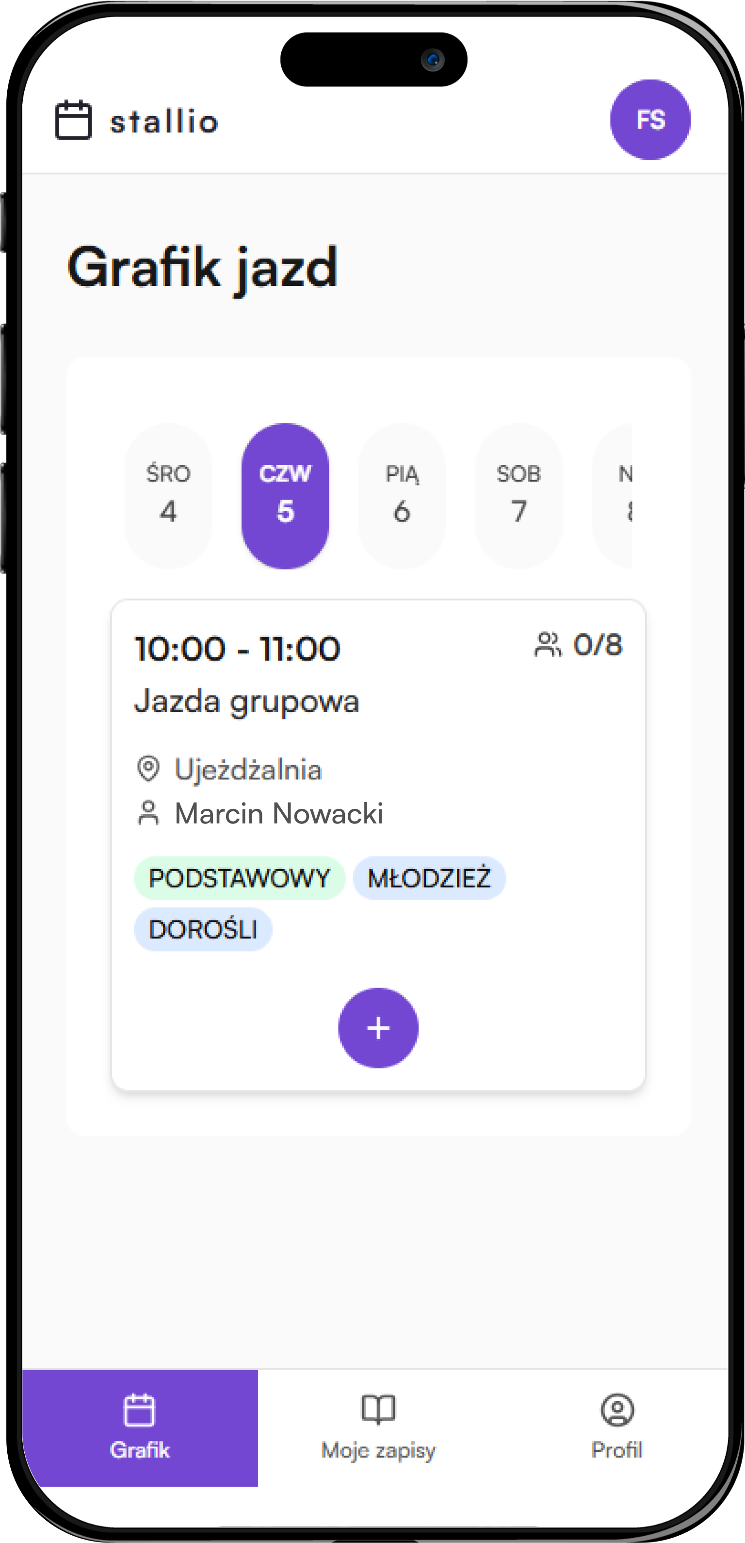 Grafik zajęć w aplikacji mobilnej dla uczestników