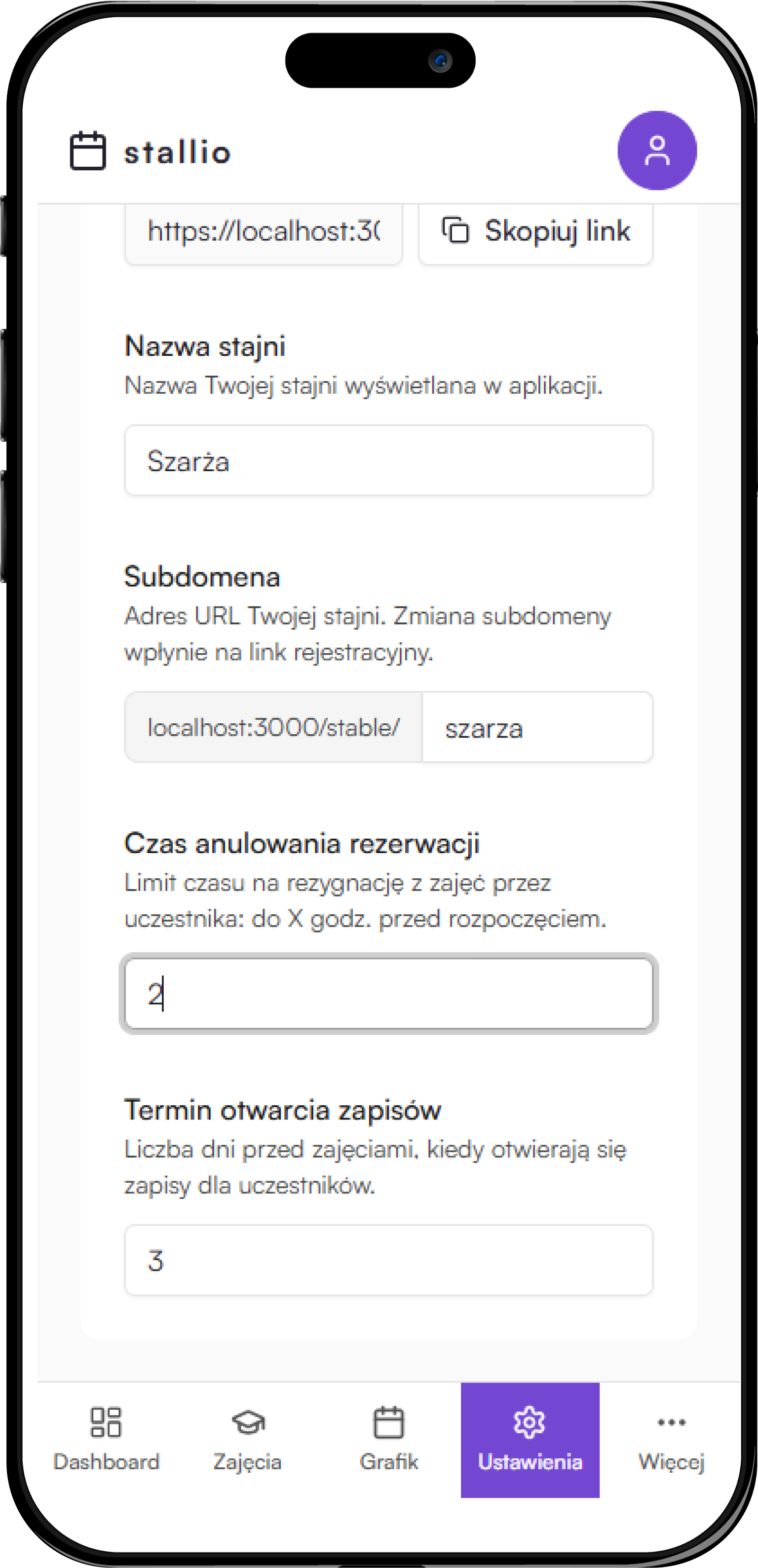 Ustawienia dla stajni w aplikacji mobilnej